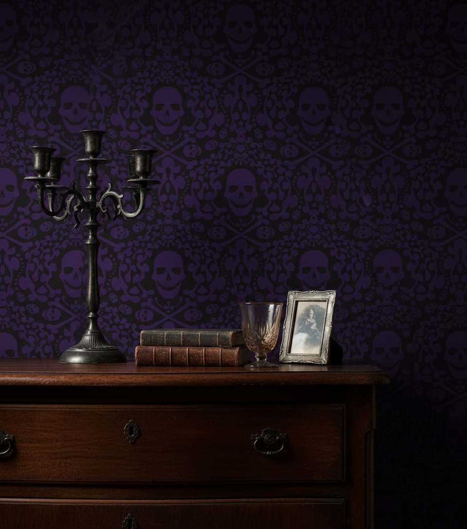 Happy Skulls - Lila - Tapet med lekfulla dödskallar för tuffa rum