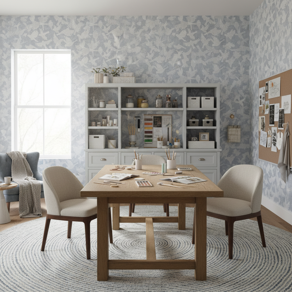 Fåglar - Blå - Lugn blå tapet med fågelmotiv i skandinavisk design