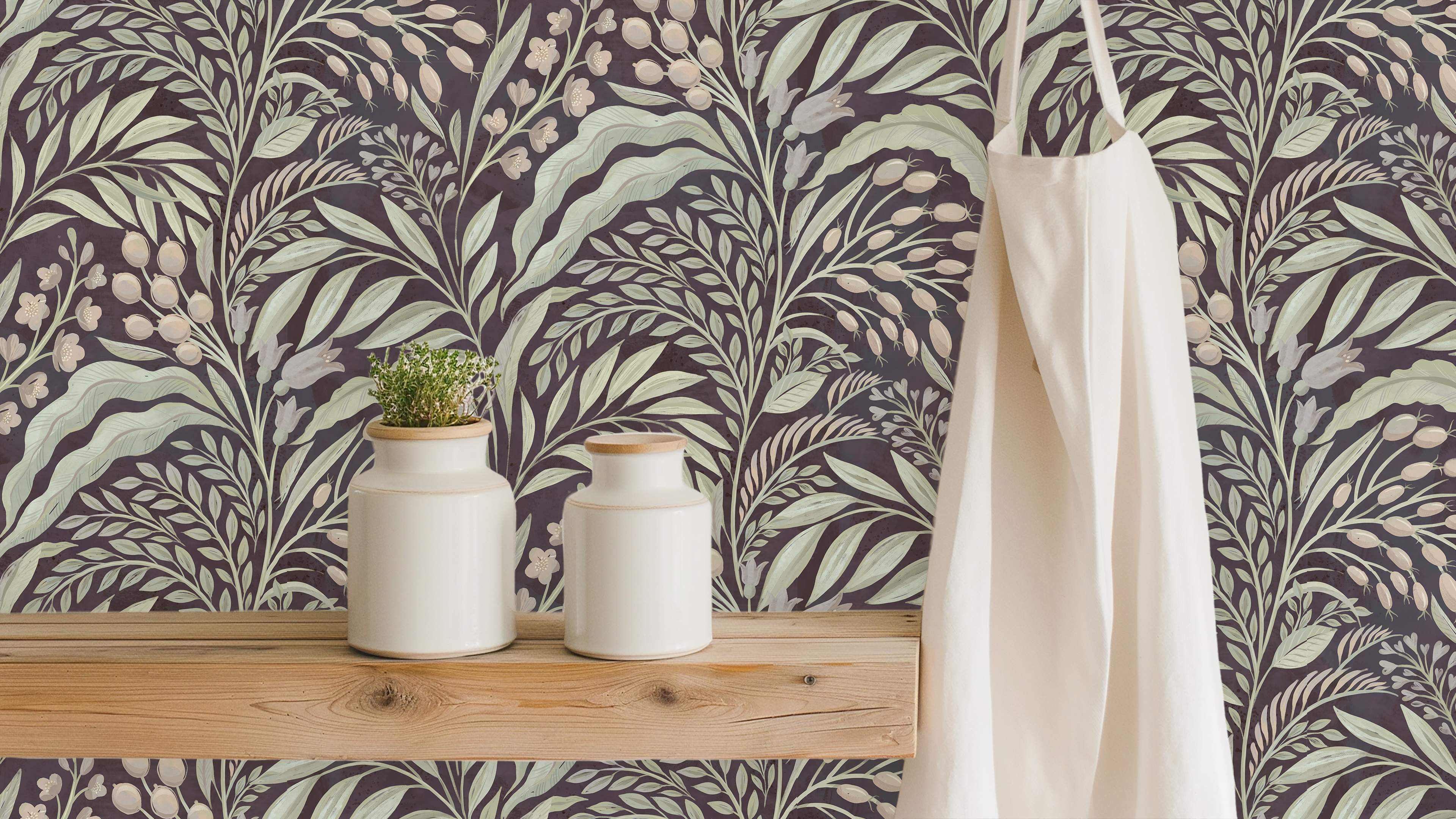 Growing Garden - Dark Colorway - Tapet med kvistar och blad i mörka toner