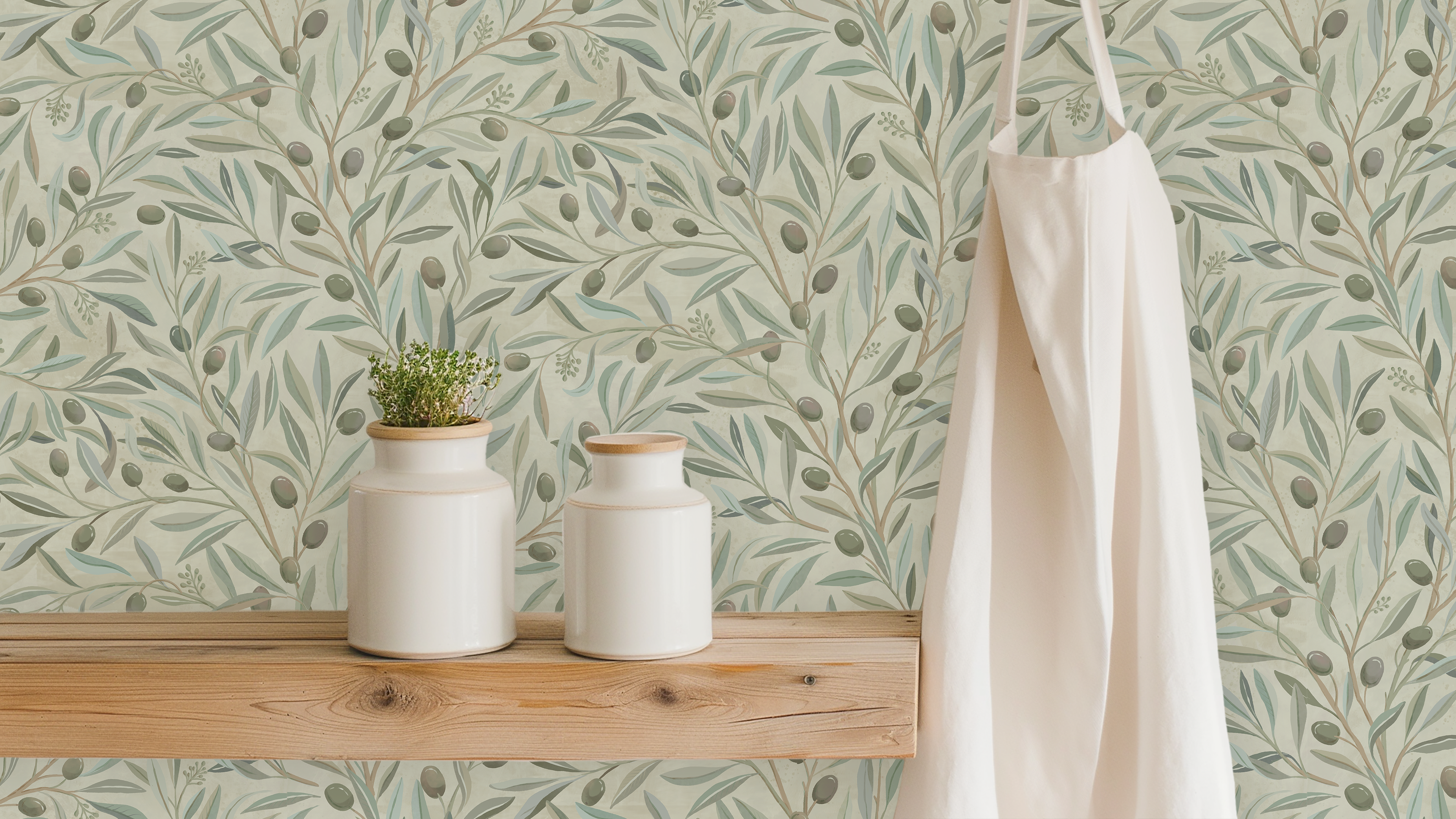 Olivia Half Drop - Green - Naturinspirerad tapet med olivkvistar i gröna toner