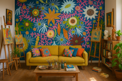 Konst Ellinors Flower Power - Blue - Färgstarkt fototapet med blommor i blå toner – fototapet med unikt motiv som skapar e...