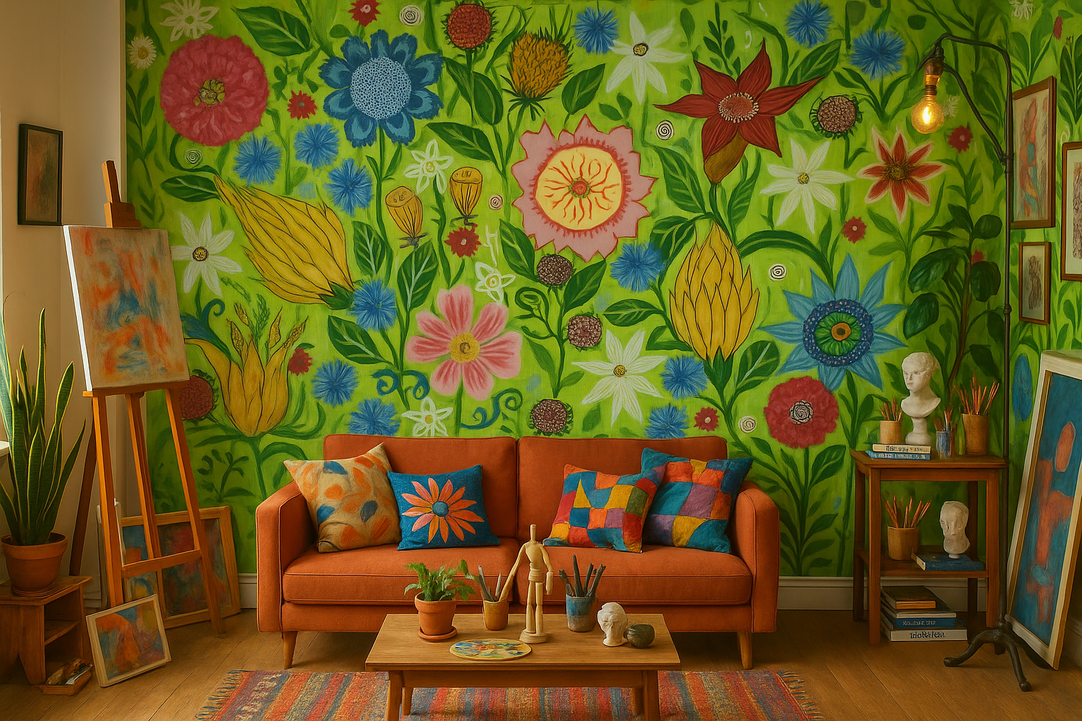 Ellinors Flower Power - Green - Färgstarkt fototapet med blommor i gröna toner