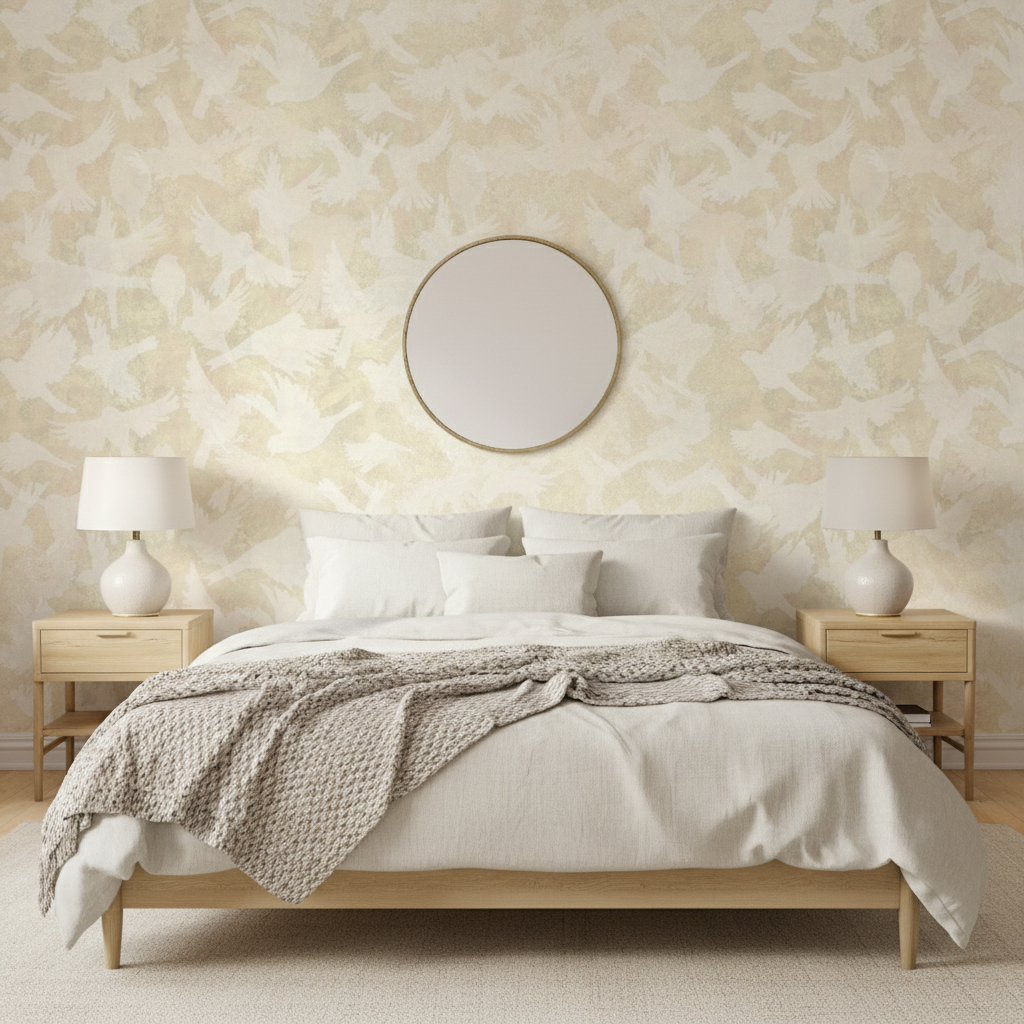 Fåglar - Wheat - Ljus gul tapet med fågelmotiv i skandinavisk design