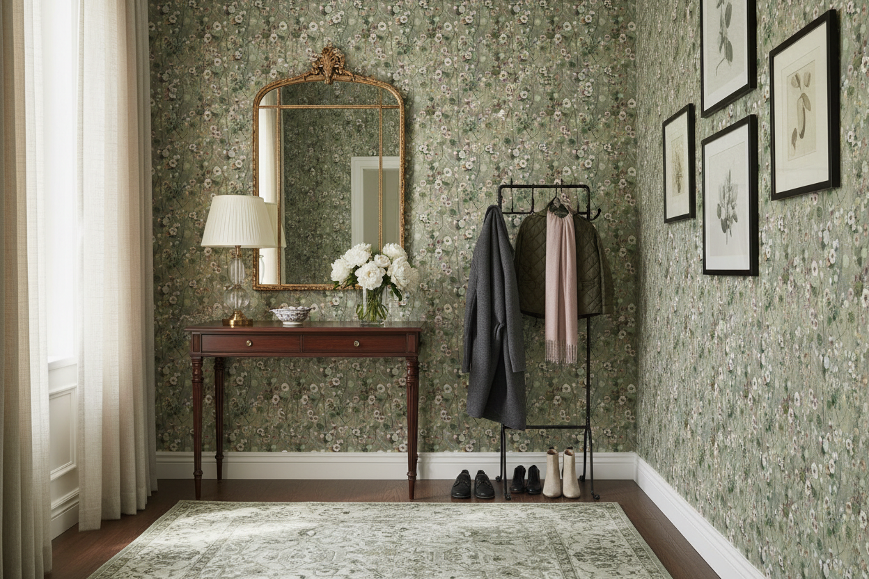 Reval Wallpaper Krasse - Greyish - Handmålad tapet med blommor i grå toner – högkvalitativ tapet för en personlig och harm...