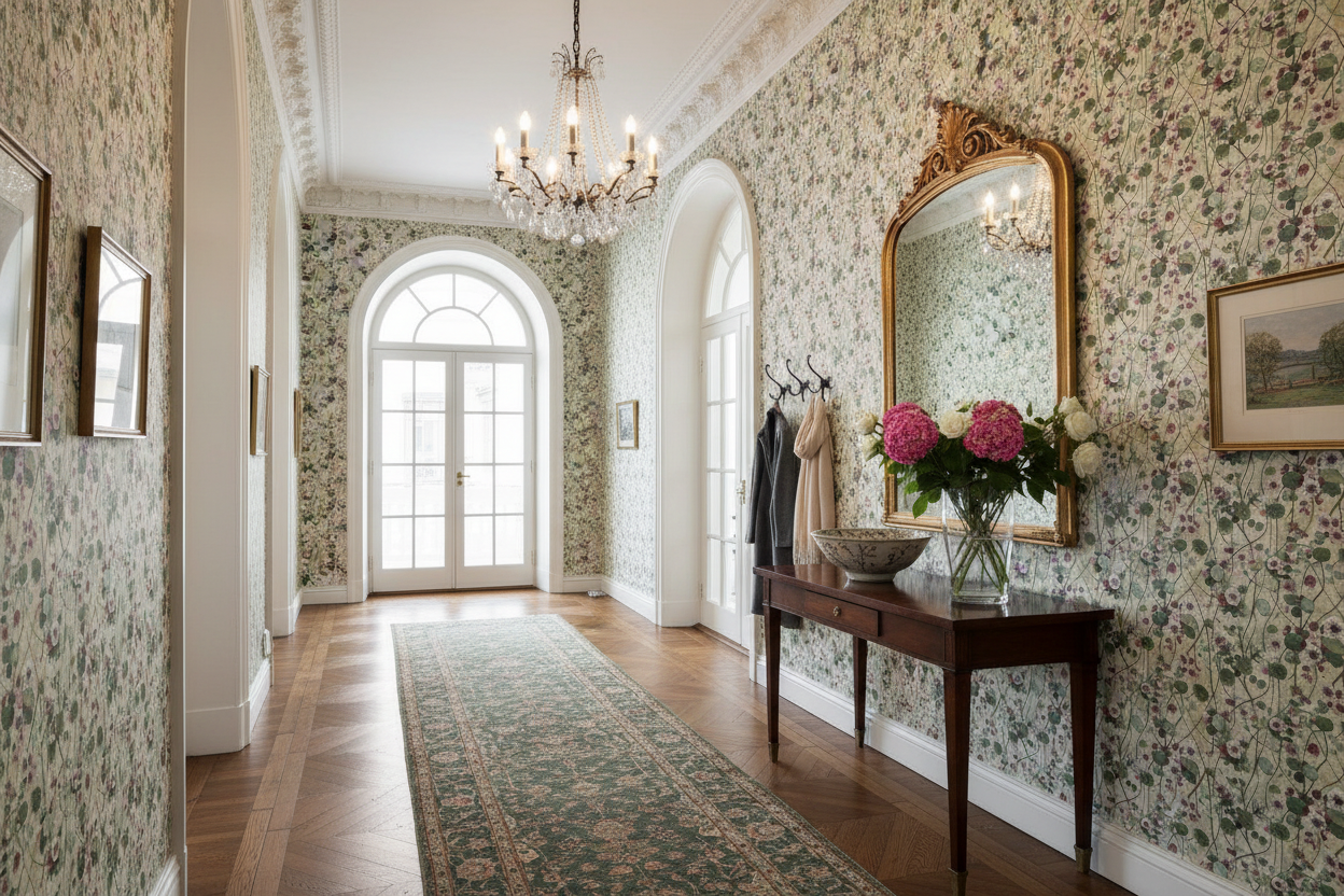 Reval Wallpaper Krasse - Vit - Handmålad tapet med blommor på ljus bakgrund – högkvalitativ tapet för en personlig och har...