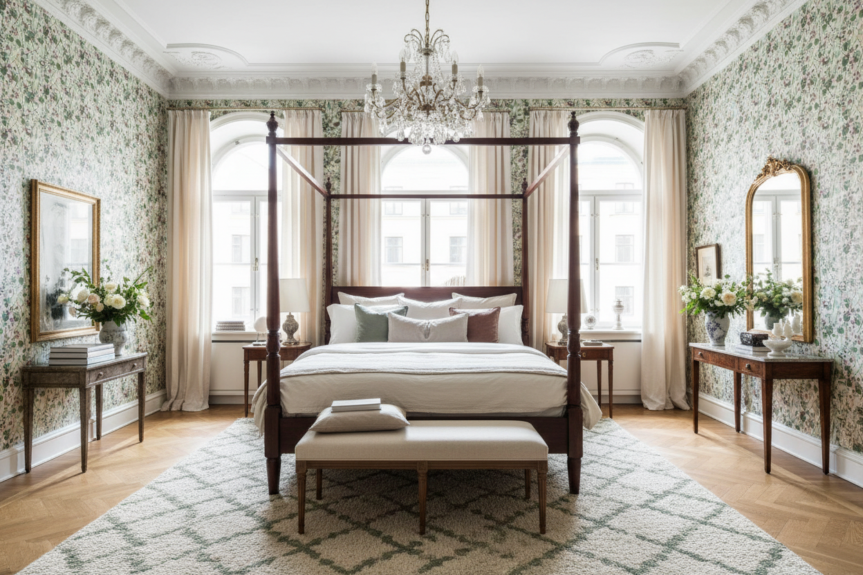 Reval Wallpaper Krasse - Vit - Handmålad tapet med blommor på ljus bakgrund – högkvalitativ tapet för en personlig och har...