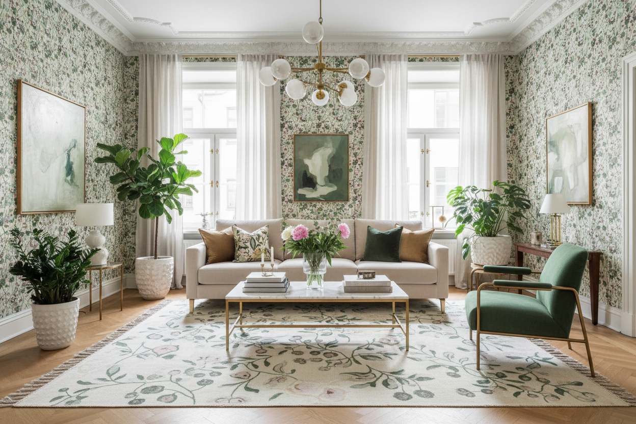 Reval Wallpaper Krasse - Vit - Handmålad tapet med blommor på ljus bakgrund – högkvalitativ tapet för en personlig och har...