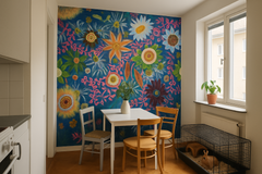 Konst Ellinors Flower Power - Blue - Färgstarkt fototapet med blommor i blå toner – fototapet med unikt motiv som skapar e...
