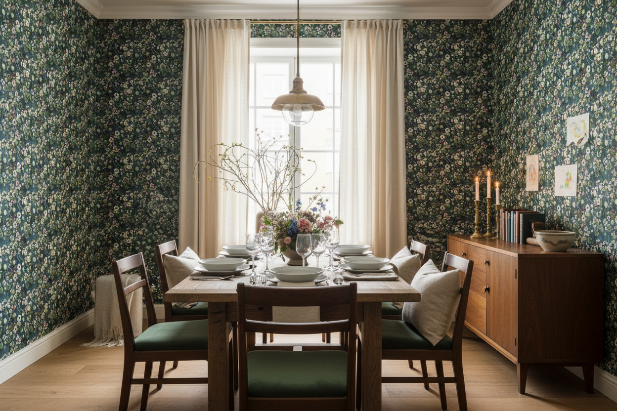 Reval Wallpaper Krasse - Midnight Blå - Handmålad tapet med blommor i djupa blå toner – högkvalitativ tapet för en personl...