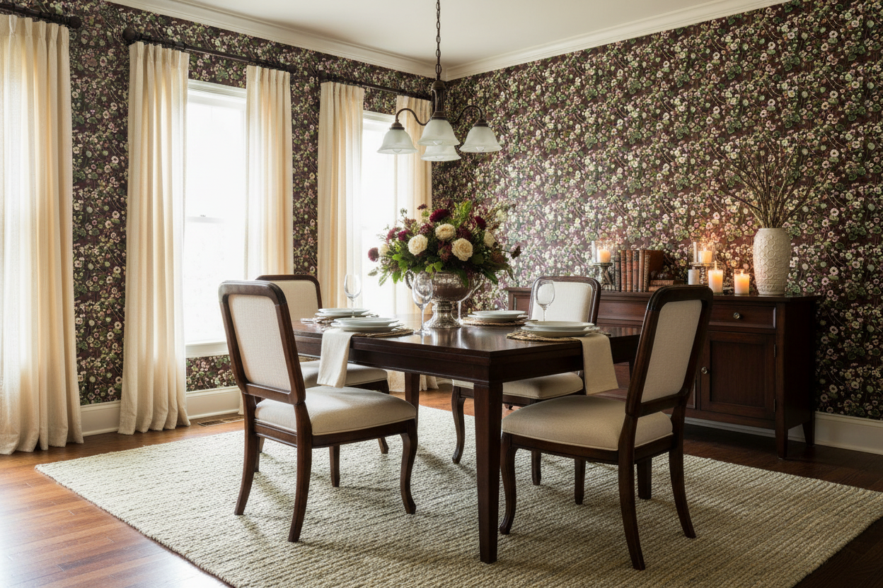 Reval Wallpaper Krasse - Vine - Handmålad tapet med levande blommor i röda toner – högkvalitativ tapet för en personlig oc...