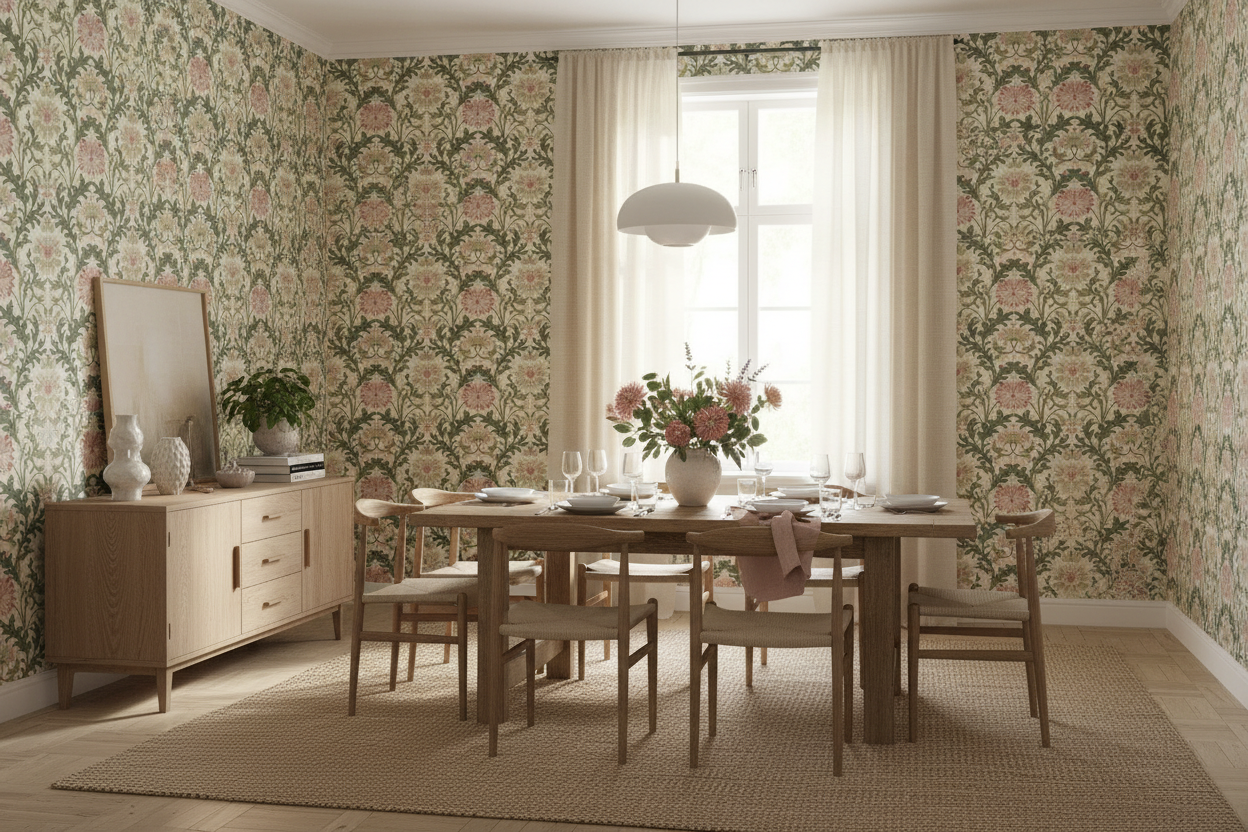 Jennie - Grön - Botanisk tapet med blommor och blad