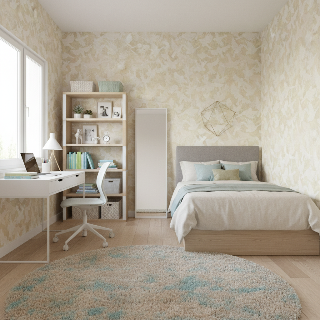 Fåglar - Wheat - Ljus gul tapet med fågelmotiv i skandinavisk design