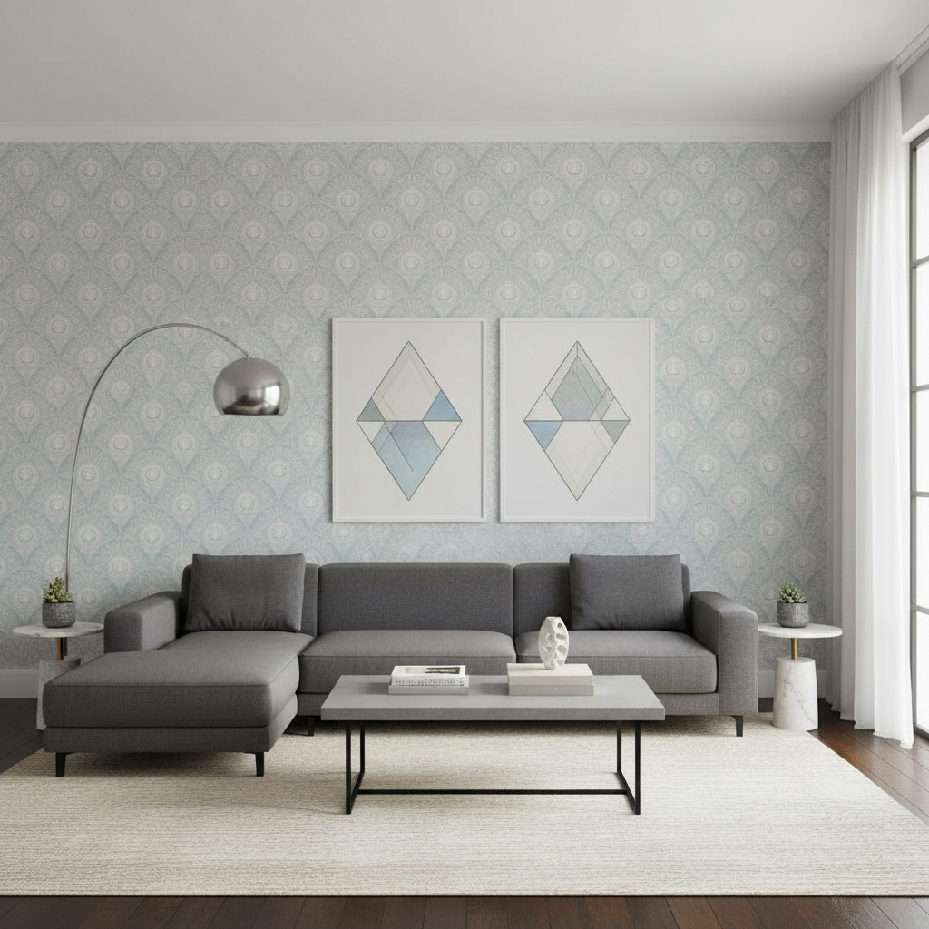 Peacock Plume Damask-Indigo Light - Elegant blå tapet med påfågelsfjädermönster