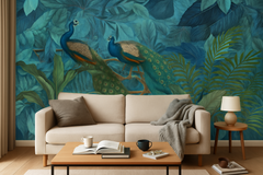 Wall mural Jungle Birds Garden No1 – Exotisk fototapet med tropiska påfåglar – fototapet med unikt motiv som skapar en ins...
