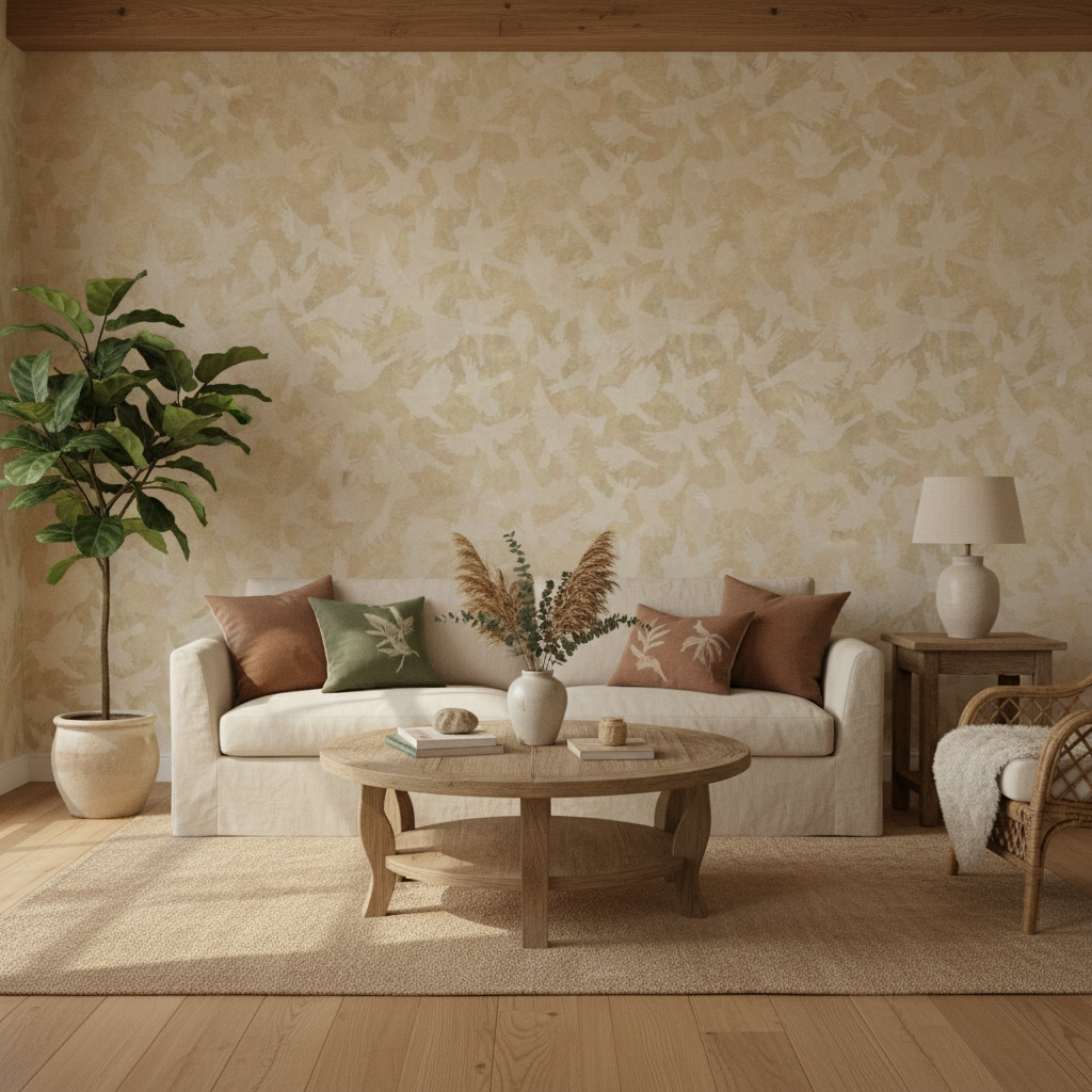 Fåglar - Wheat - Ljus gul tapet med fågelmotiv i skandinavisk design
