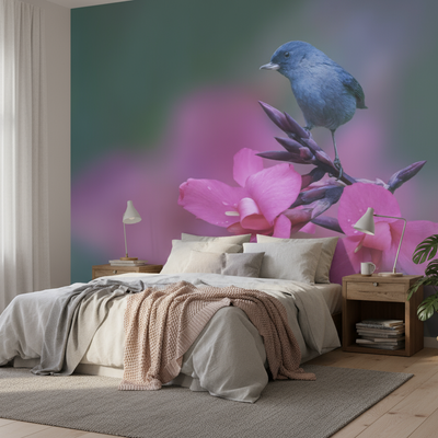 On the top of happiness - Fototapet med fågel bland rosa blommor rumsbild 3