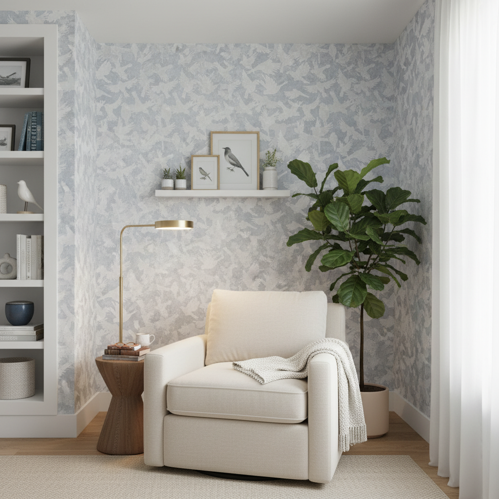 Fåglar - Blå - Lugn blå tapet med fågelmotiv i skandinavisk design