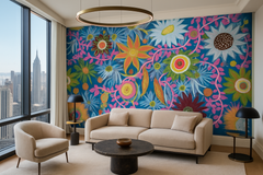 Konst Ellinors Flower Power - Blue - Färgstarkt fototapet med blommor i blå toner – fototapet med unikt motiv som skapar e...