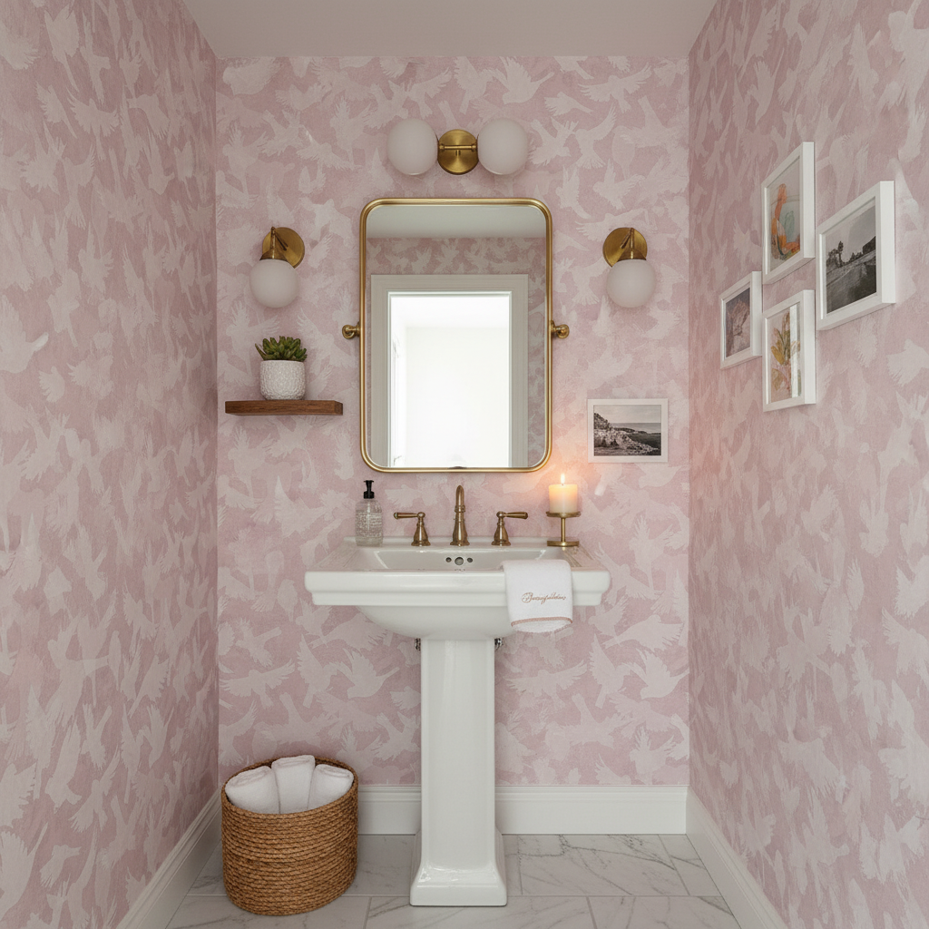Fåglar - Rose - Mjuk rosa tapet med fågelmotiv i skandinavisk design