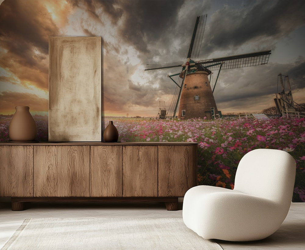 Dutch Windmill Cosmos Sunset