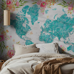 Floral Watercolor World Map