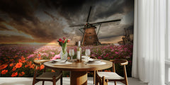 Dutch Windmill Cosmos Sunset
