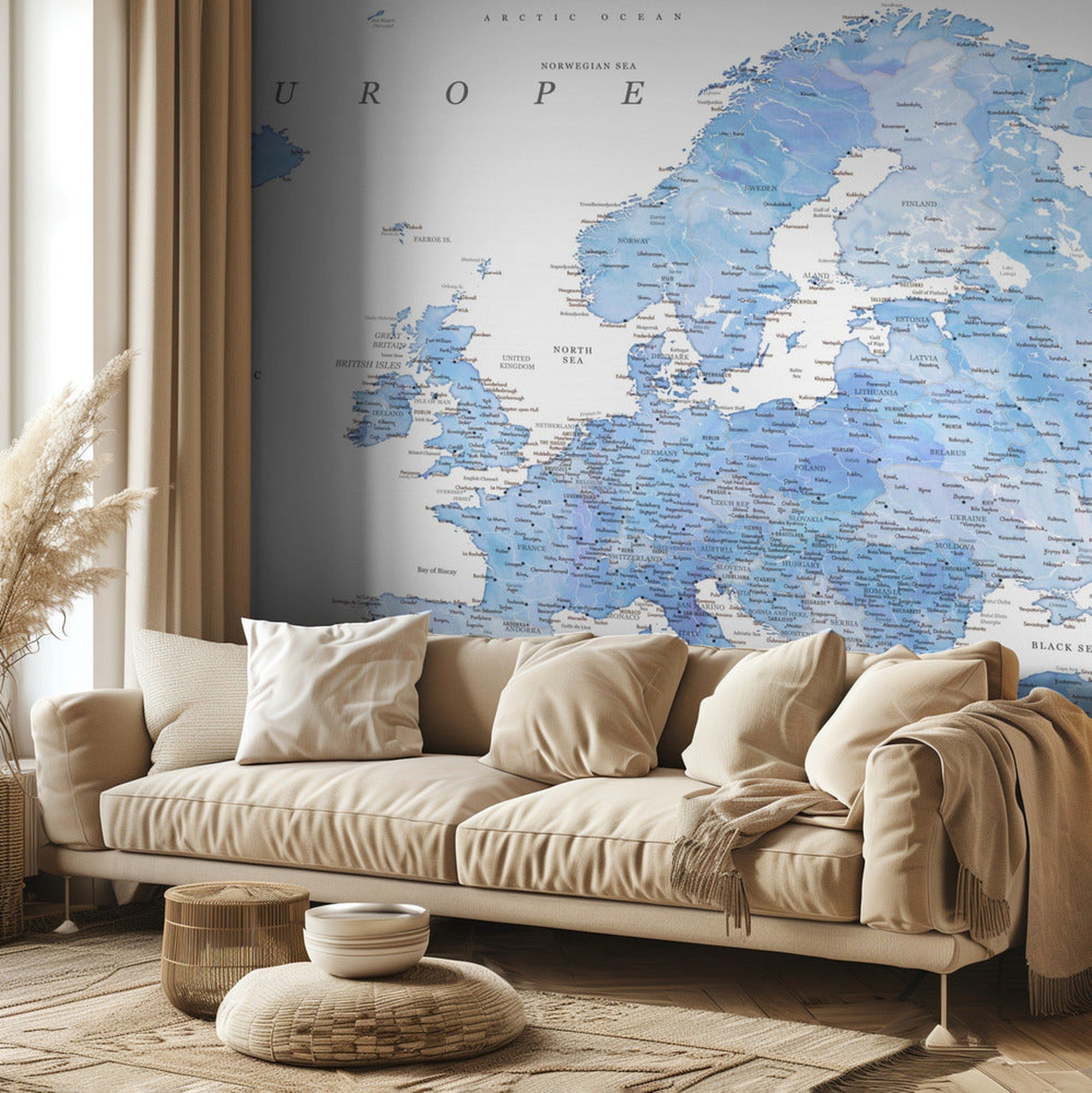 Light blue watercolor detailed map of Europe