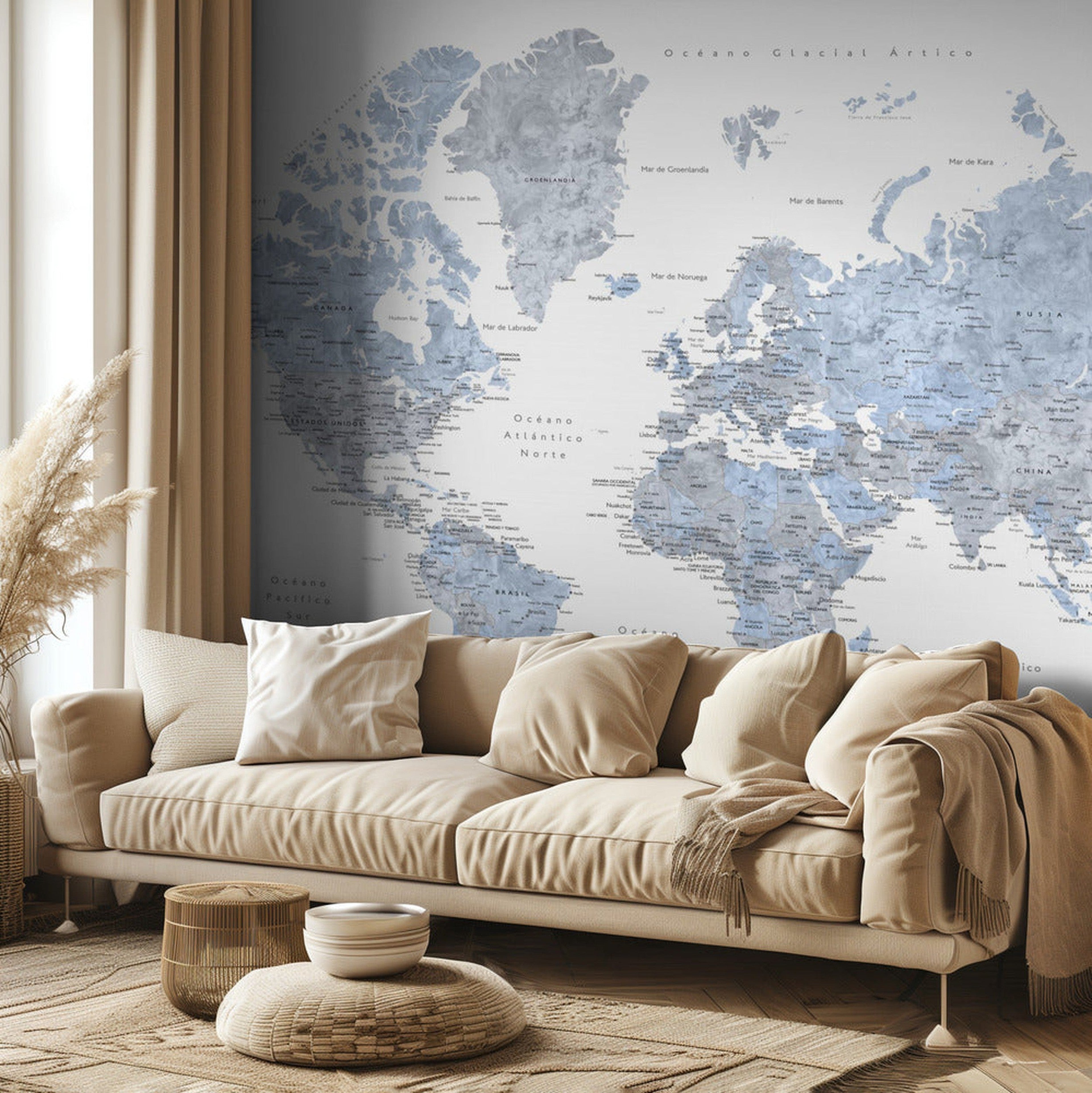 Blue world map in Spanish