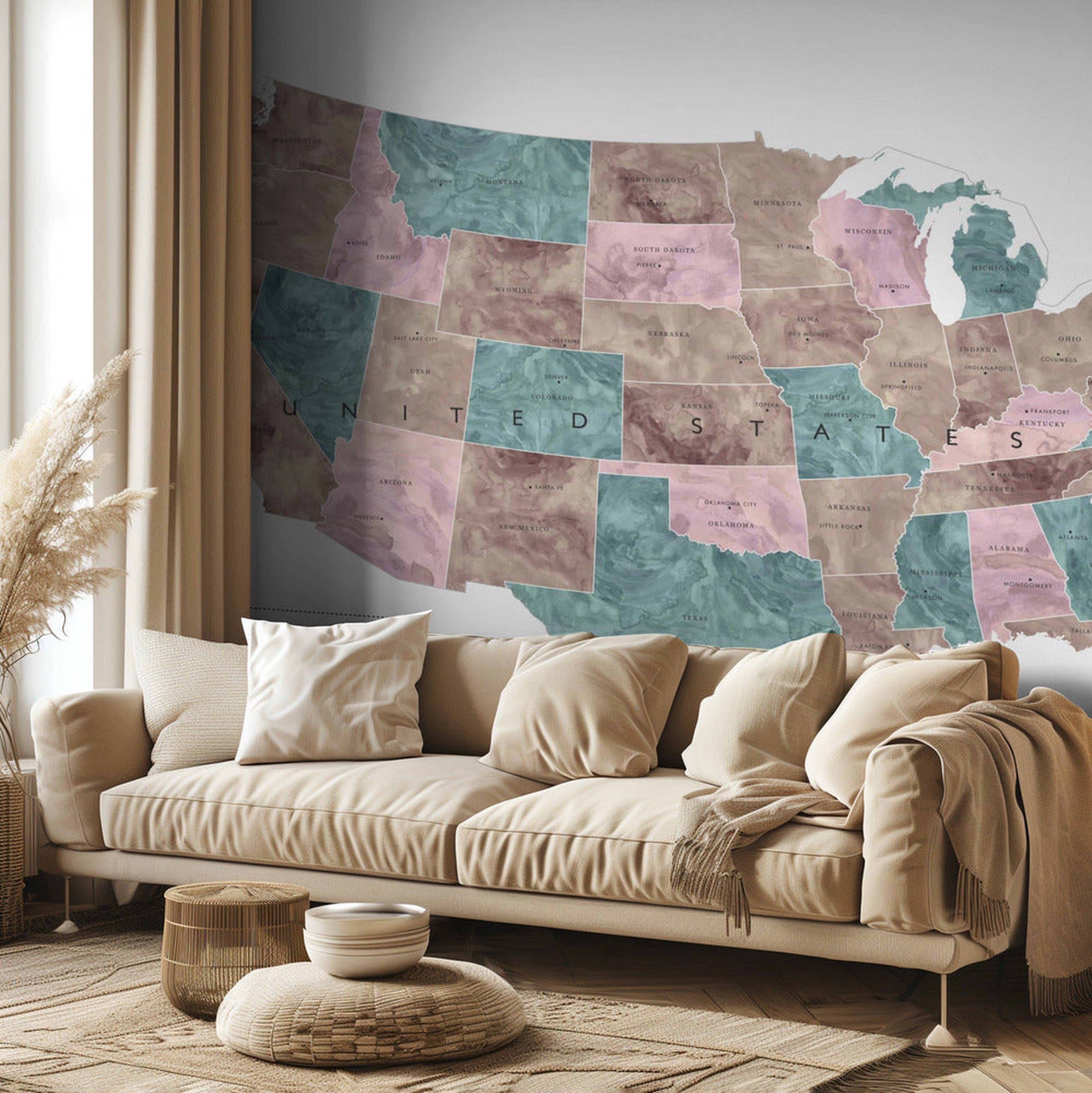 Pink and teal watercolor map of the US