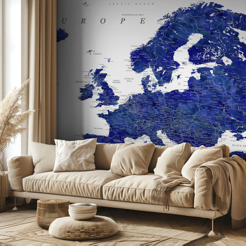Navy blue detailed map of Europe