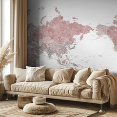 Kartor Pacific centered world map in dusty pink – kvalitetsprodukt för ett vackrare och mer hållbart hem