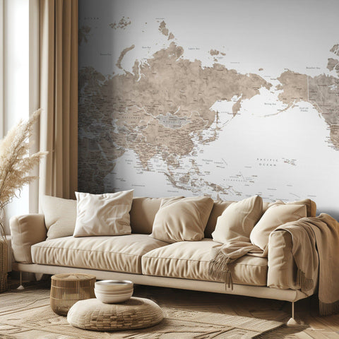 Pacific centered world map in taupe
