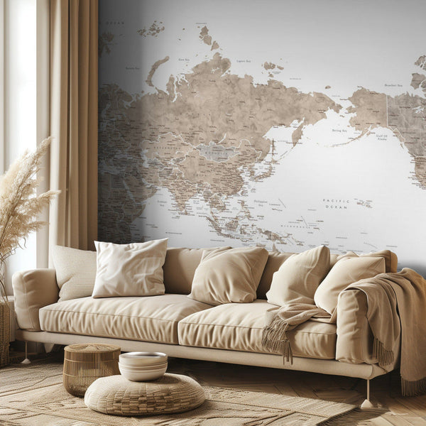 Pacific centered world map in taupe bild 2