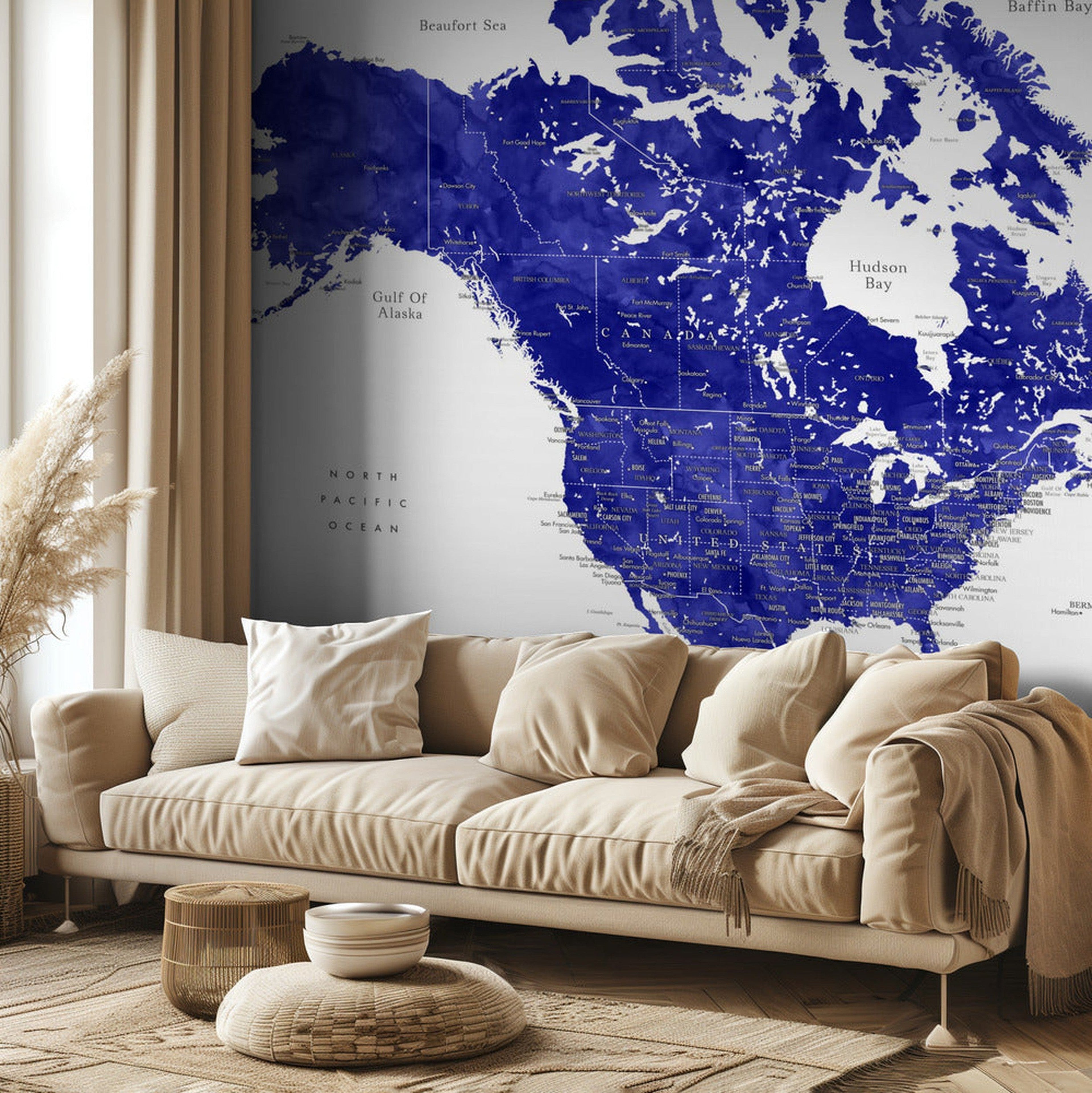 Adventure map of North America in cobalt blue