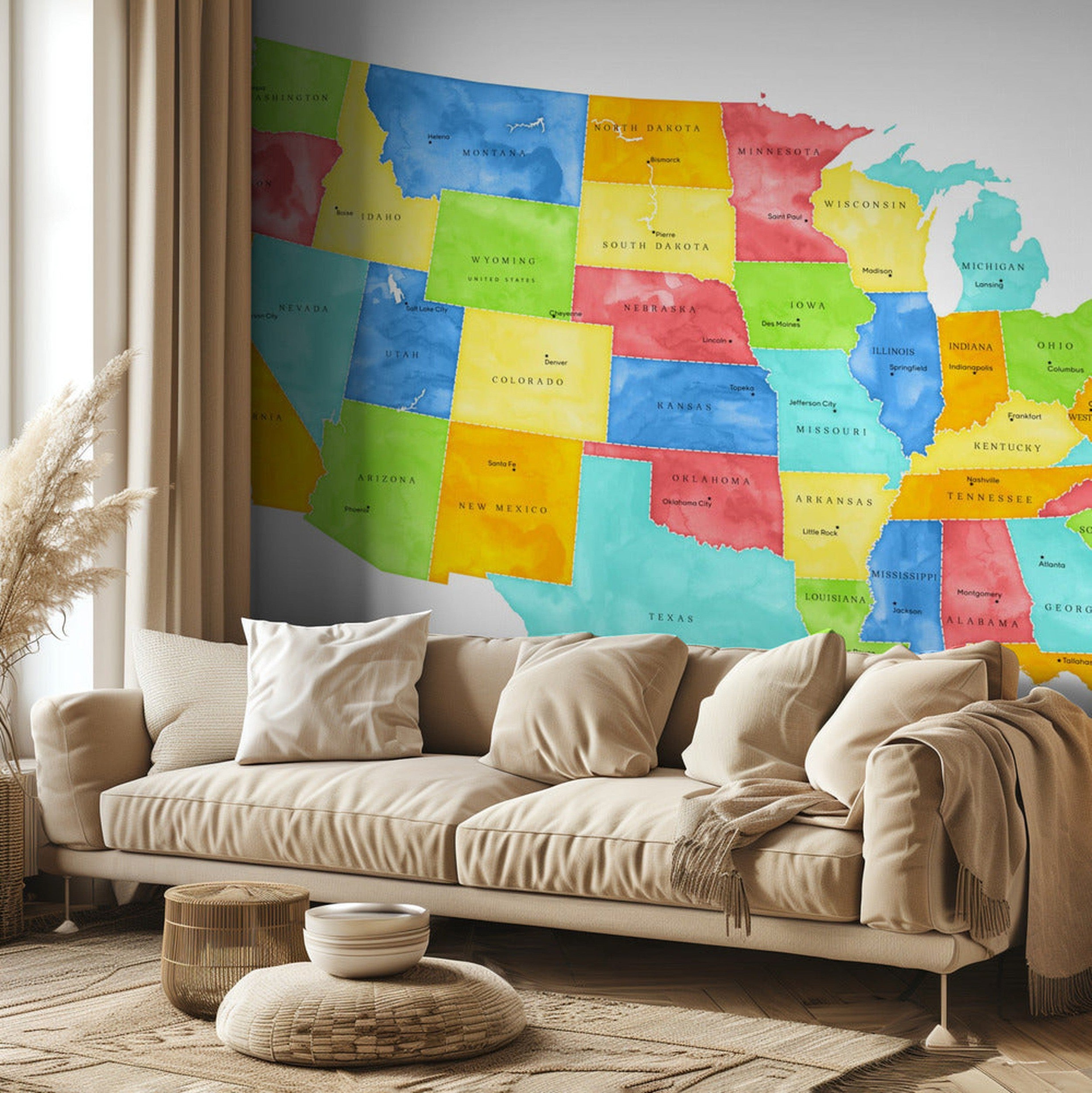 Colorful map of the United States with States and State capitals