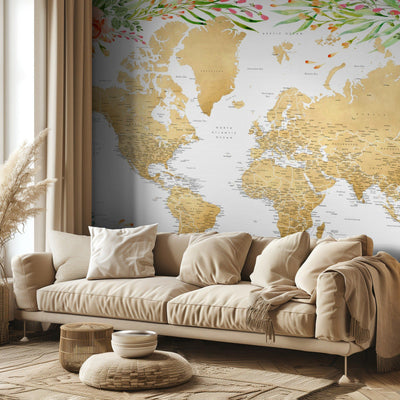 Floral bohemian world map with cities, Blythe rumsbild 3