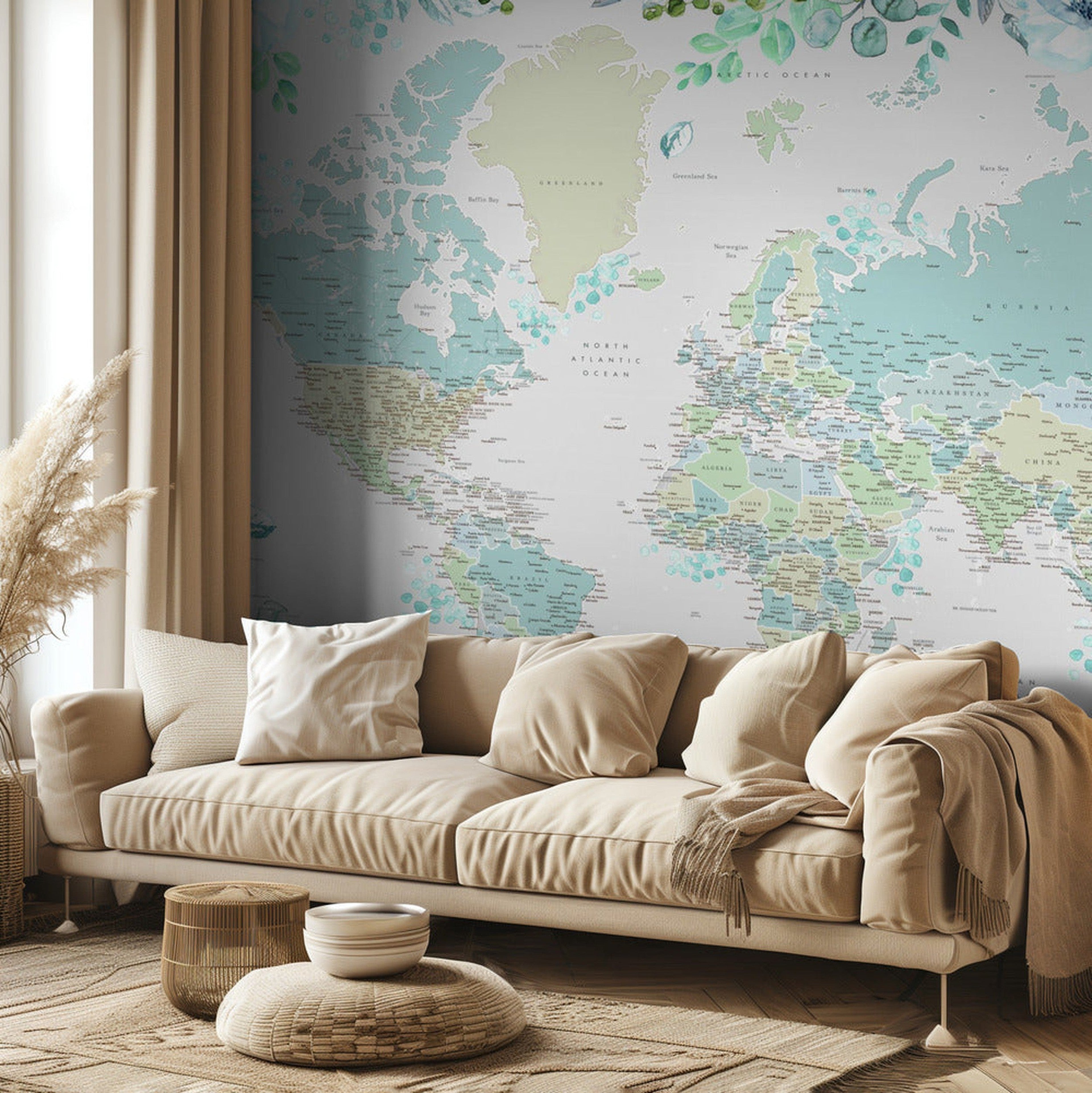 Detailed world map with cities and florals, Marie