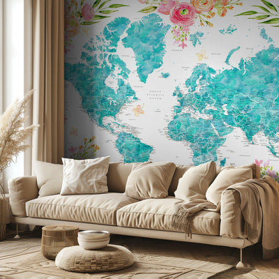 Detailed floral world map with cities, Haven rumsbild 3