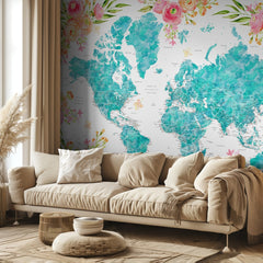 Floral Watercolor World Map