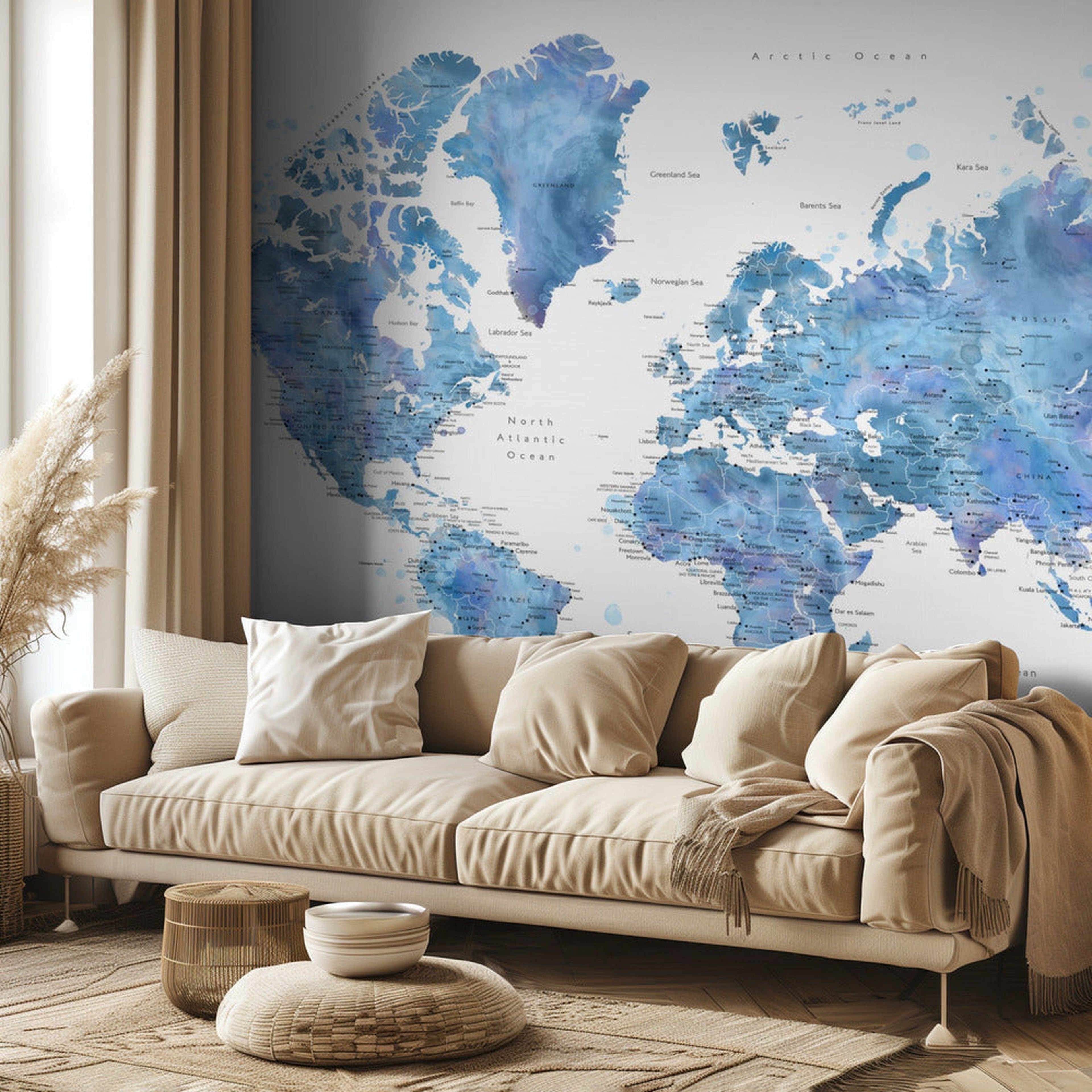 Blue watercolor world map with cities, Simeon