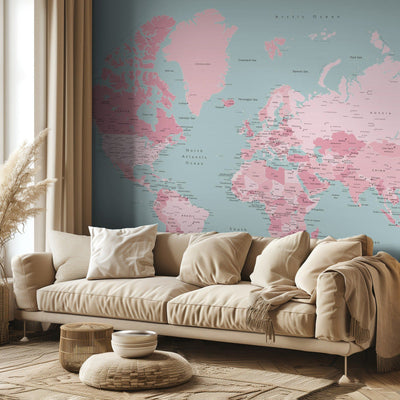 Pink and aqua world map with cities, Isobel rumsbild 3