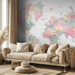 Kartor Pastel watercolor world map with cities Anjah – kvalitetsprodukt för ett vackrare och mer hållbart hem