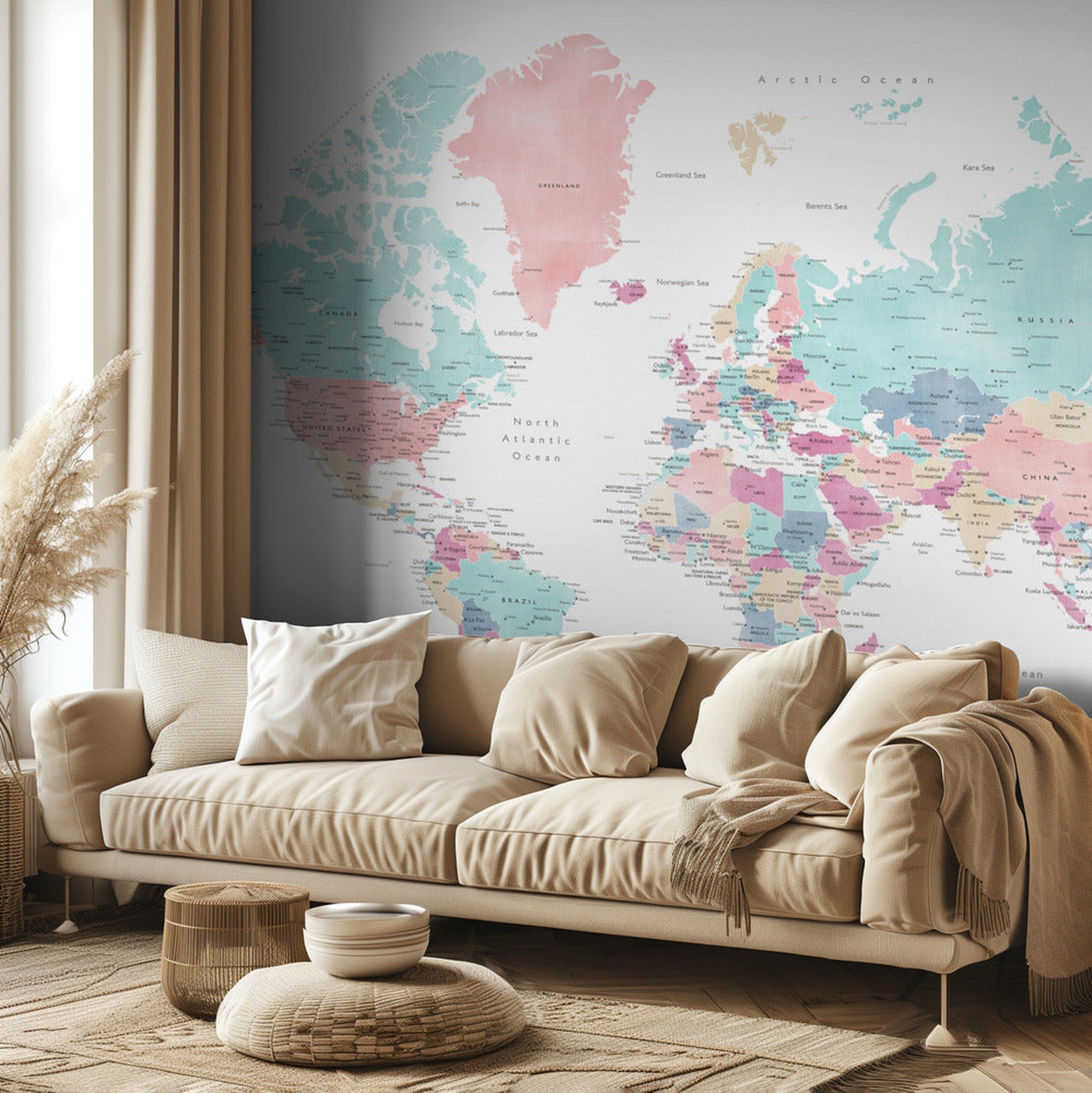 Distressed pastels world map with cities, Carmen