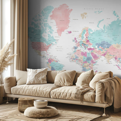 Distressed pastels world map with cities, Carmen rumsbild 3