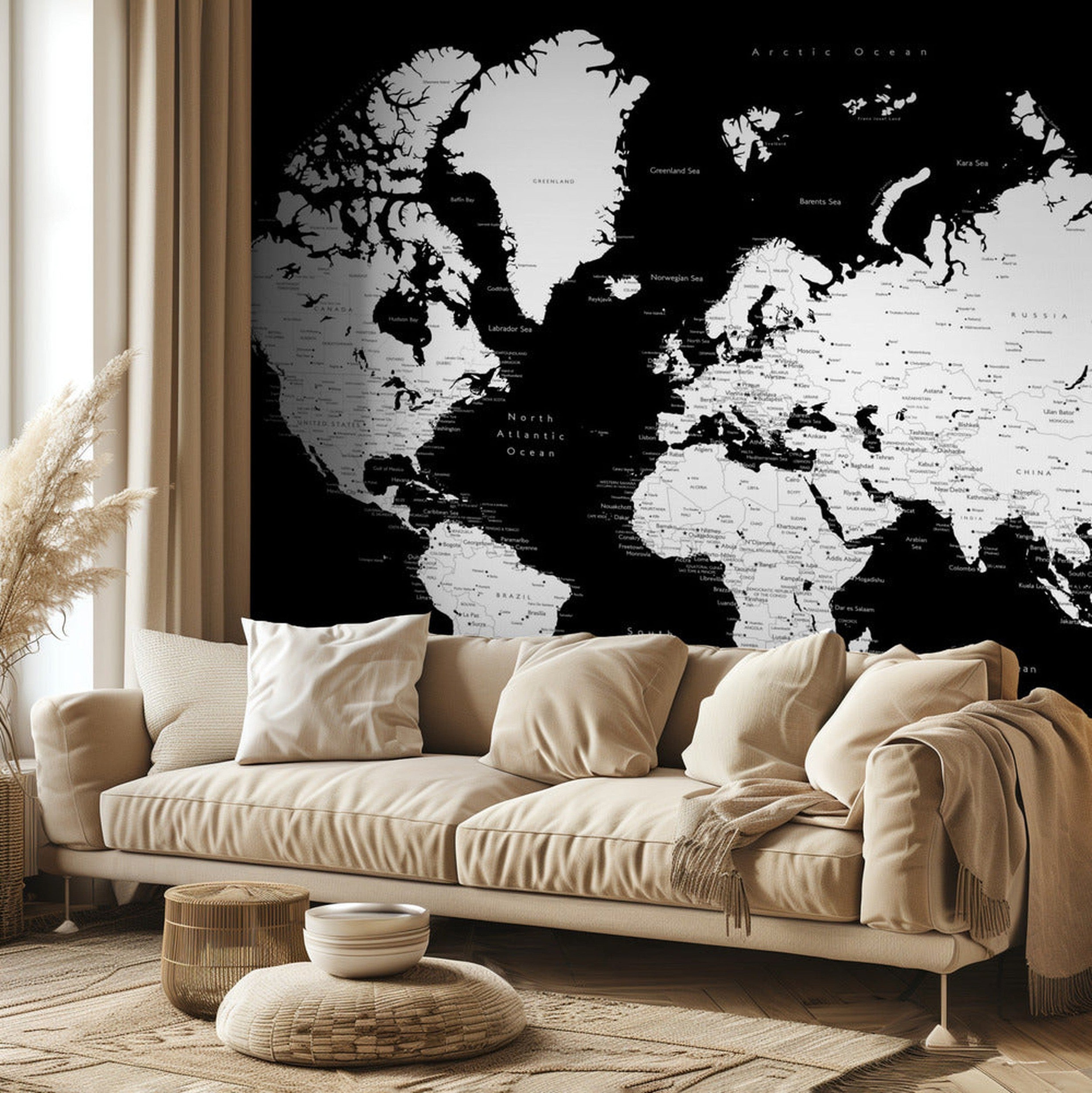 Black and white world map with cities, Connie