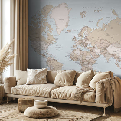 Rustic world map with cities, Renisha rumsbild 3