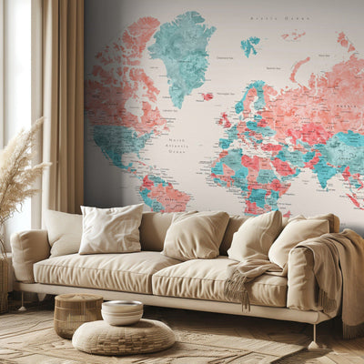 Watercolor world map with cities, Charlotte rumsbild 3