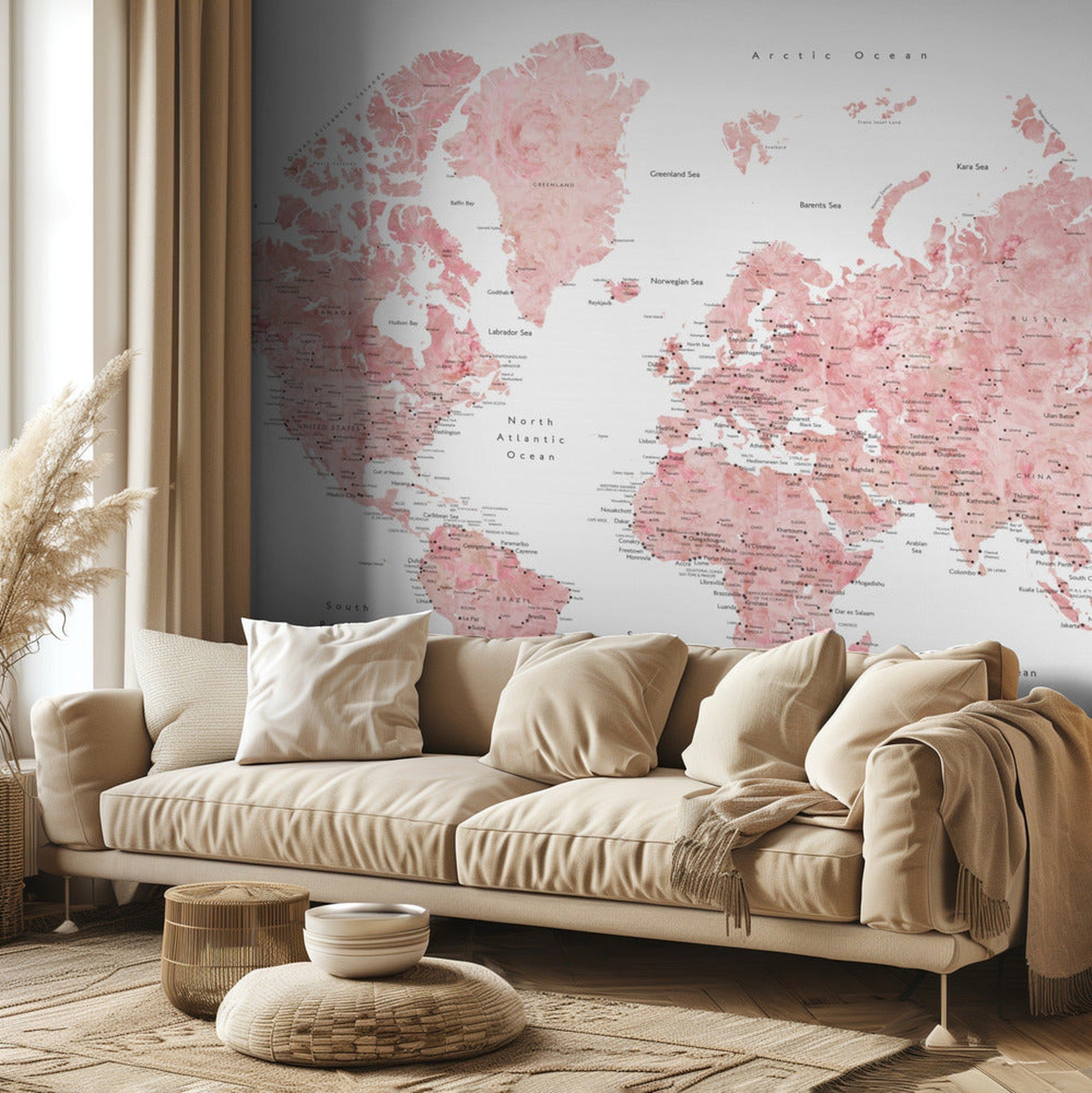 Pink watercolor world map with cities, Alheli