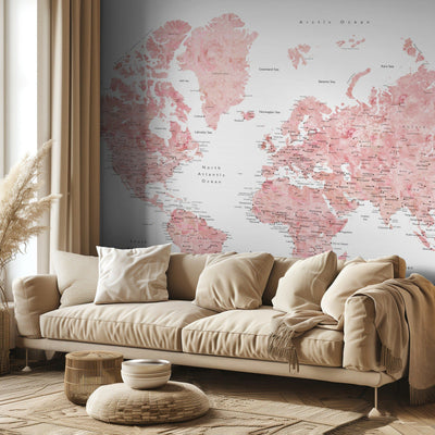 Pink watercolor world map with cities, Alheli rumsbild 3