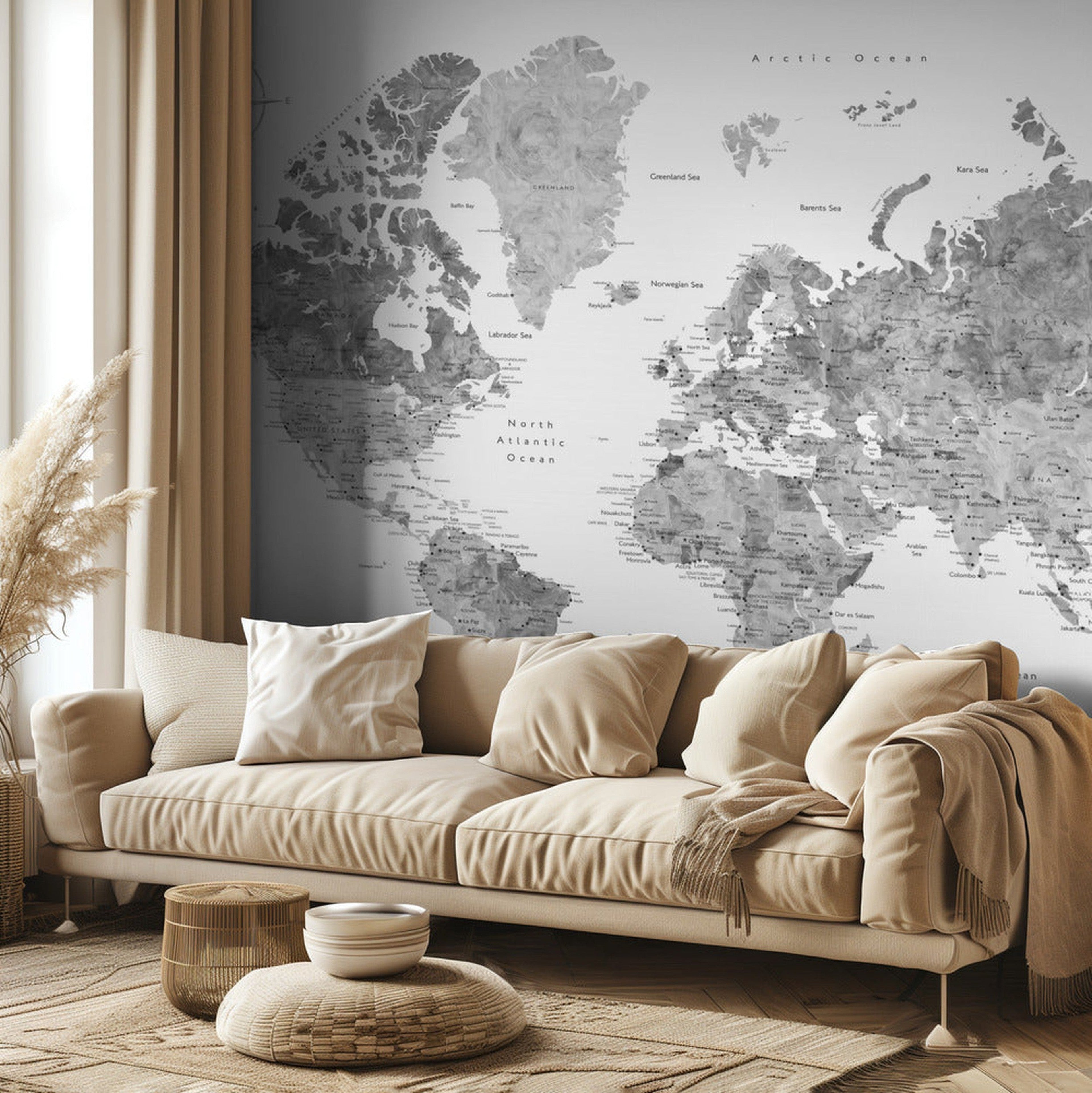 Grayscale watercolor world map with cities, Rylan